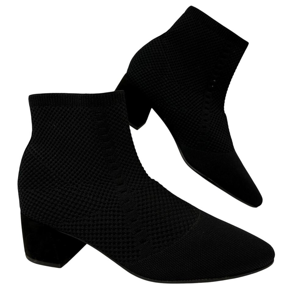 Eileen Fisher Black Stretch Knit Sock Booties Women 9.5 Block Heel Vero Cuoio
